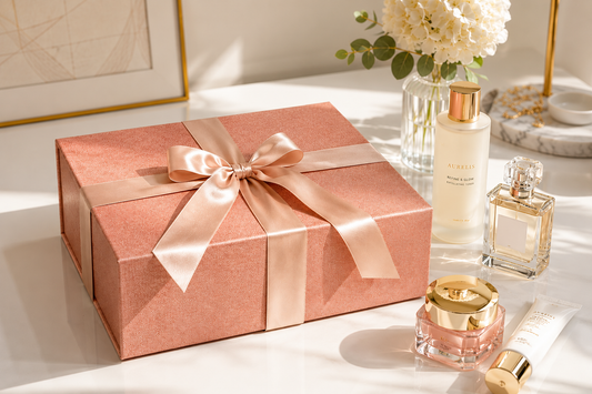 Gift box wrapped in Holliston's pearlescent Luminaire packaging cloth