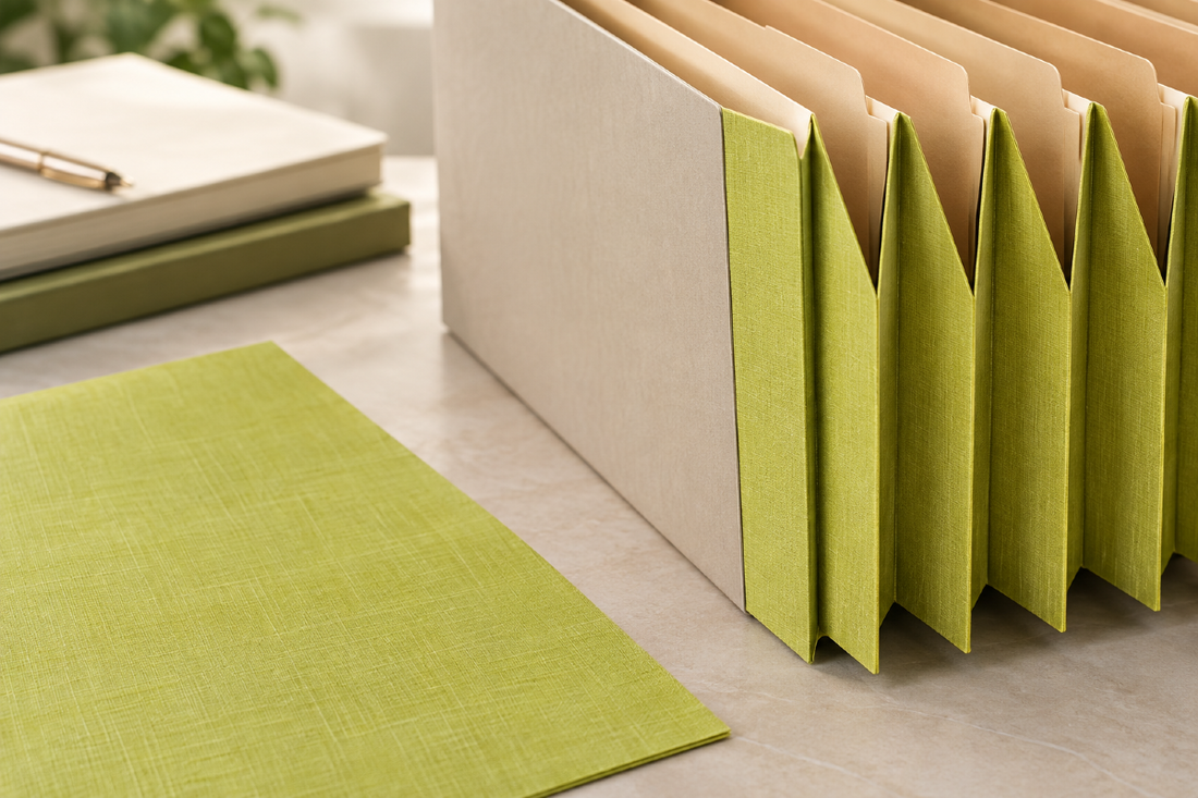 A close-up of a linen-textured green file folder standing open in a beige folder holder, with additional matching green folders and a matching green sheet on a light tabletop.