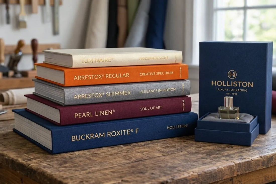 Stack of books and a perfume bottle covered in Holliston publishing materials.