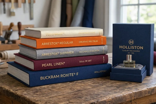 Stack of books and a perfume bottle covered in Holliston publishing materials.