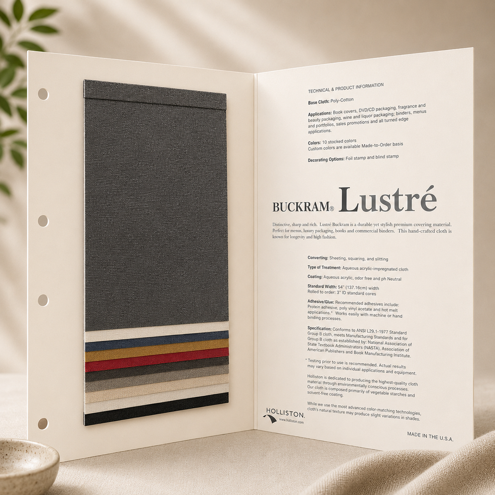 Open sample book of Buckram Lustre line