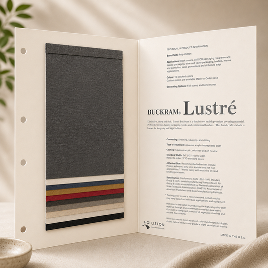 Open sample book of Buckram Lustre line